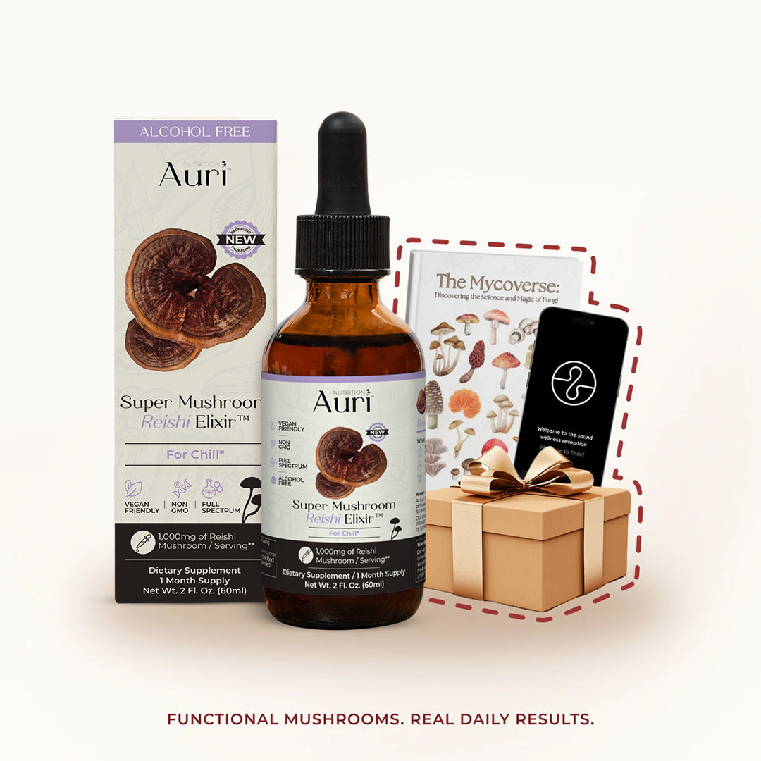 Auri Super Mushroom Reishi Elixir bottle and packaging